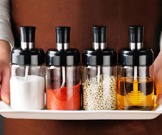 (pack of 3) Glass Seasoning Tank Kitchen Spice Kit Bottles Pepper Spoon Seasoning Jars Oil Brush Honey Container Food Storage Container